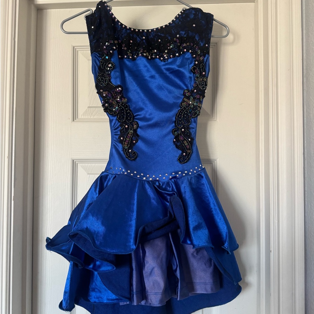 Royal Blue Dance Costume with Black Lace and Swarovski Rhinestones